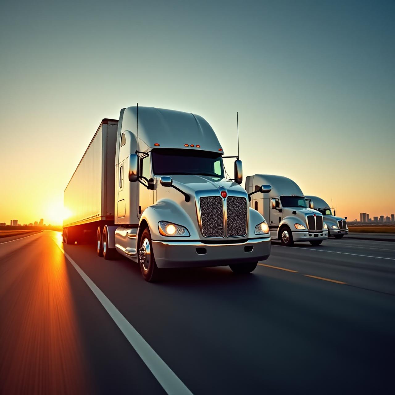 Modern logistics fleet on a Texas highway during sunset